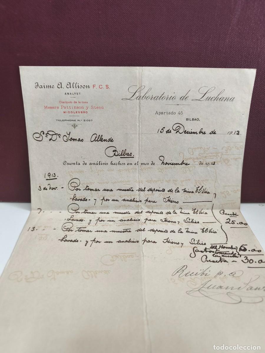 Facturas antiguas: JAIME A. ALLISON. LABORATORIO DE LUCHANA. BILBAO 1913.