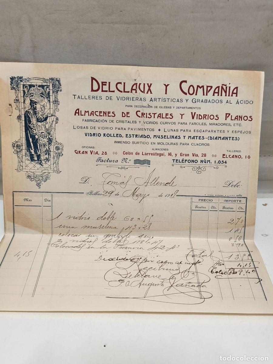 Facturas antiguas: DECLAUX Y COMPA&Ntilde;&Iacute;A. TALLERES DE VIDRIERAS ART&Iacute;STICAS Y GRABADO AL &Aacute;CIDO. BILBAO 1909.