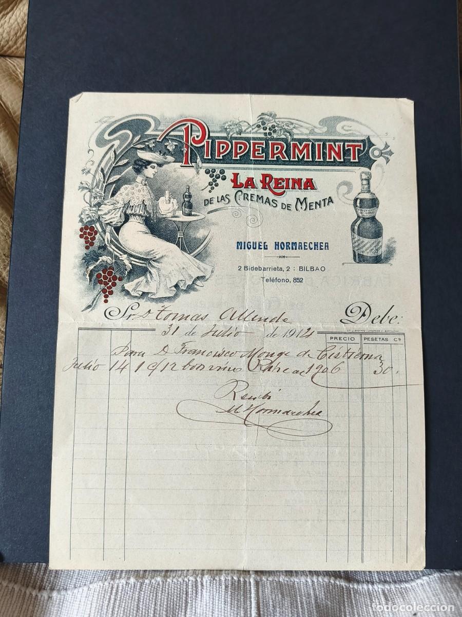 Facturas antiguas: PIPPERMINT. LA REINA DE LAS CREMAS DE MENTA. MIGUEL HORMAECHEA. FABRICA DE LICORES EXTRAFINOS.