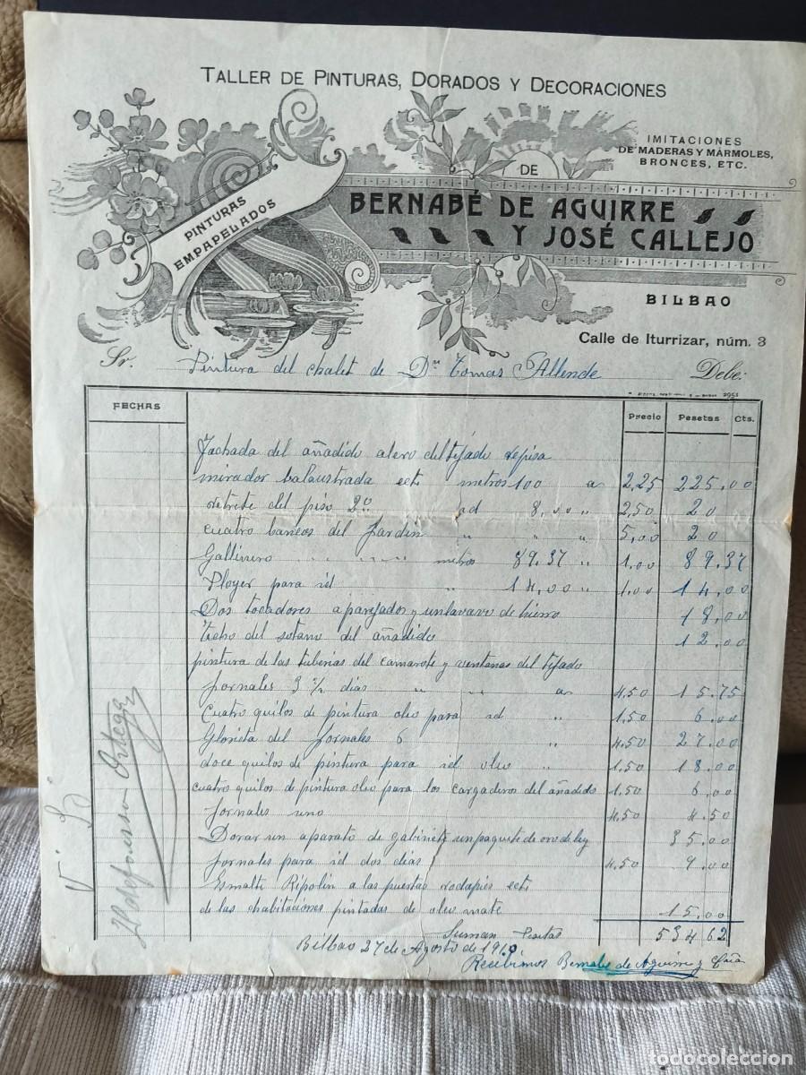 Facturas antiguas: BERNABE DE AGUIRRE Y JOSE CALLEJO. TALLER DE PINTURAS, DORADOS Y DECORACIONES. BILBAO 1919