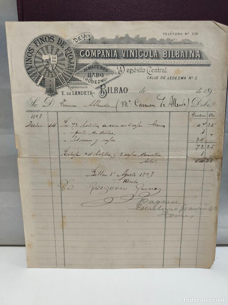 Faturas antigas: COMPA&Ntilde;&Iacute;A VIN&Iacute;COLA BILBAINA. VINOS FINOS DE RIOJA. ALMACENES HARO - RODEZNO. BILBAO 1898