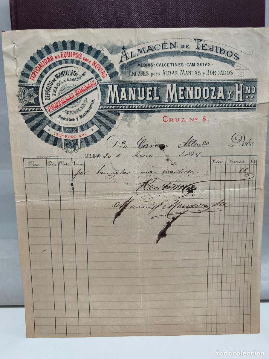 Faturas antigas: ALMACEN DE TEJIDOS MANUEL MENDOZA Y HERMANO. ESPECIALIDAD EN EQUIPOS PARA NOVIAS. BILBAO 1898.