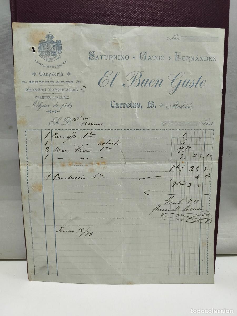 Faturas antigas: SATURNINO GATOO FERN&Aacute;NDEZ. EL BUEN GUSTO. CAMISERIA. MADRID 1898.