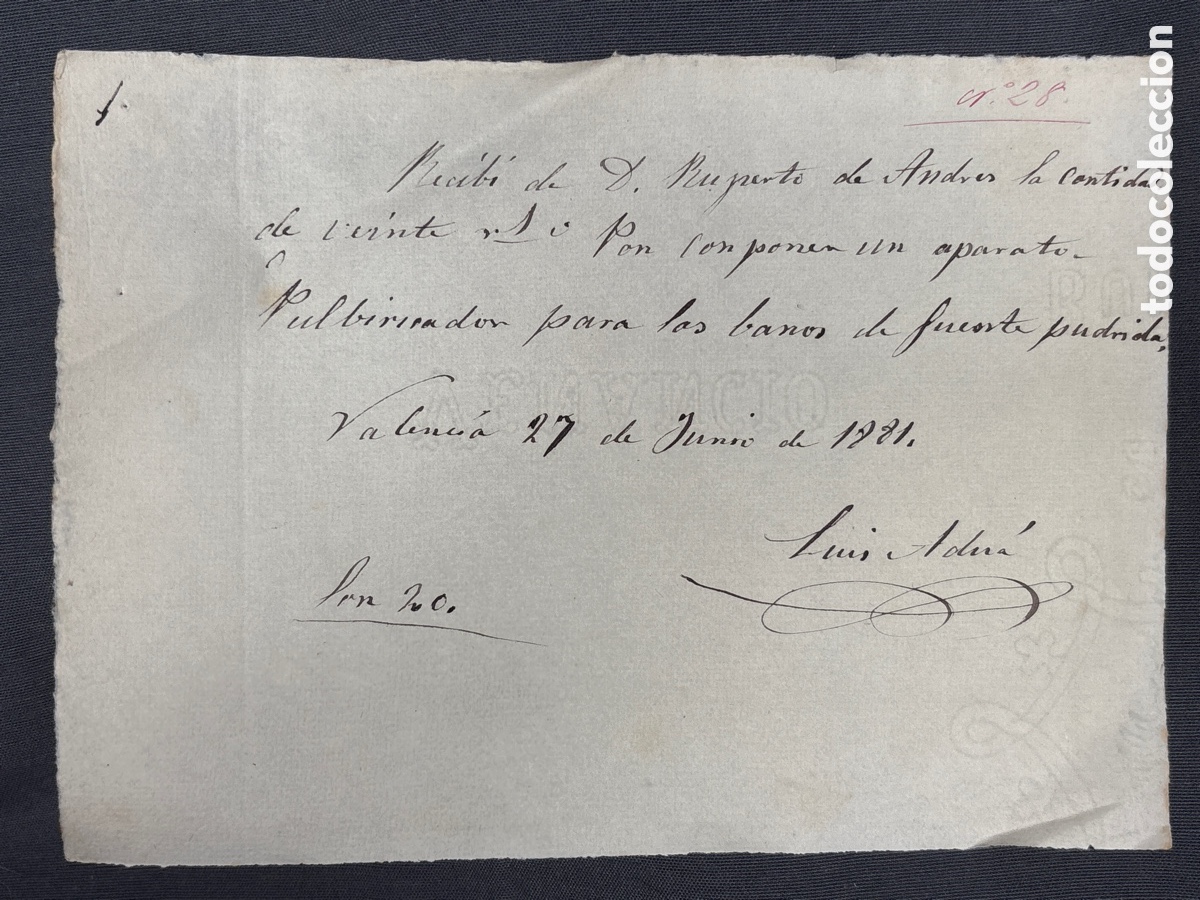 Alte Rechnungen: Valencia 1881 FACTURA de mec&aacute;nico a los ba&ntilde;os de fuente podrida