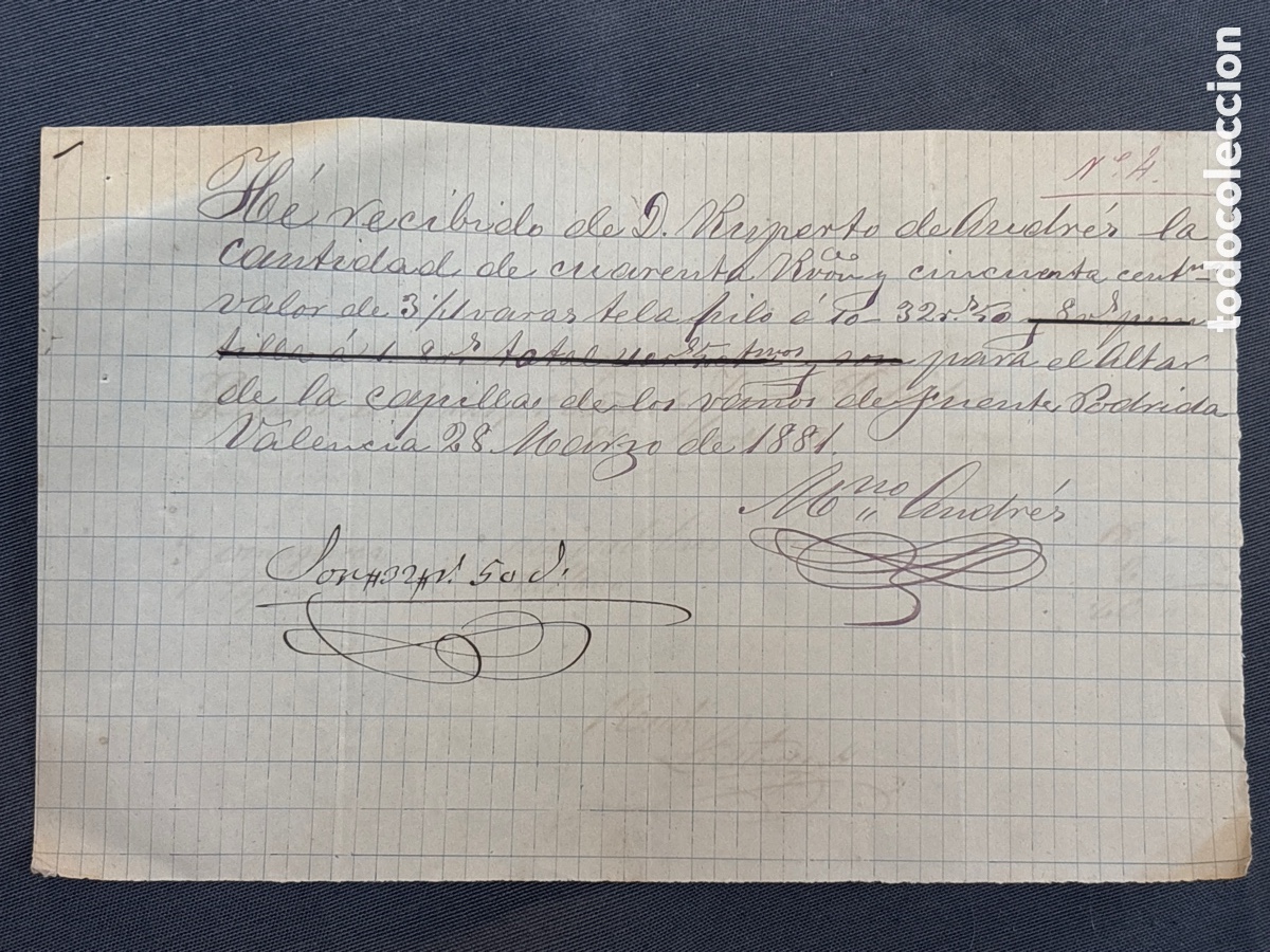 Faturas antigas: Valencia 1881 FACTURA de altar de LOS BA&Ntilde;OS DE FUENTE PODRIDA