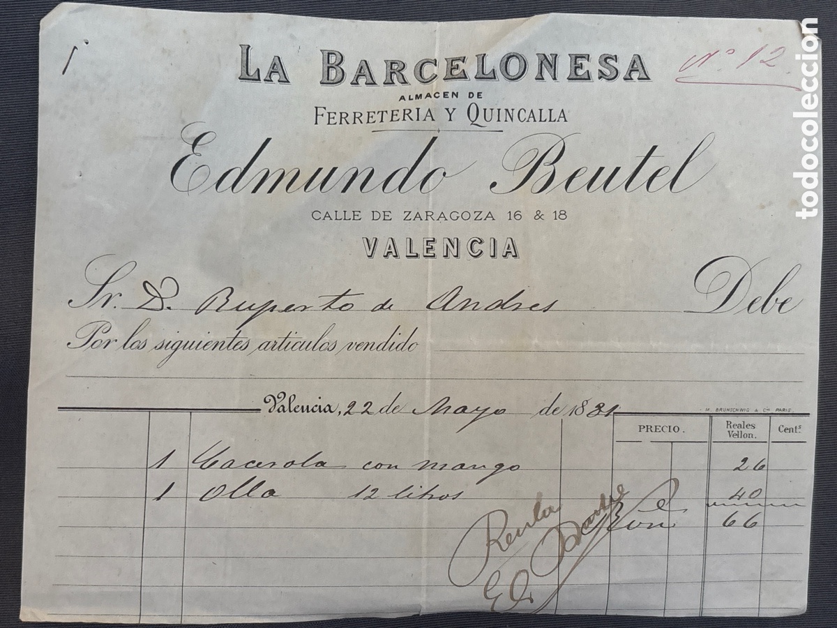 Faturas antigas: Valencia 1881 FACTURA de ferreter&iacute;a de LOS BA&Ntilde;OS DE FUENTE PODRIDA