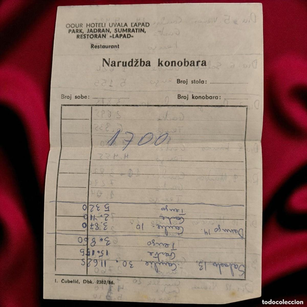 Facturas antiguas: Antigua Comanda De Restaurante En Hotel Yugoslavo &ndash; A&ntilde;o 1986