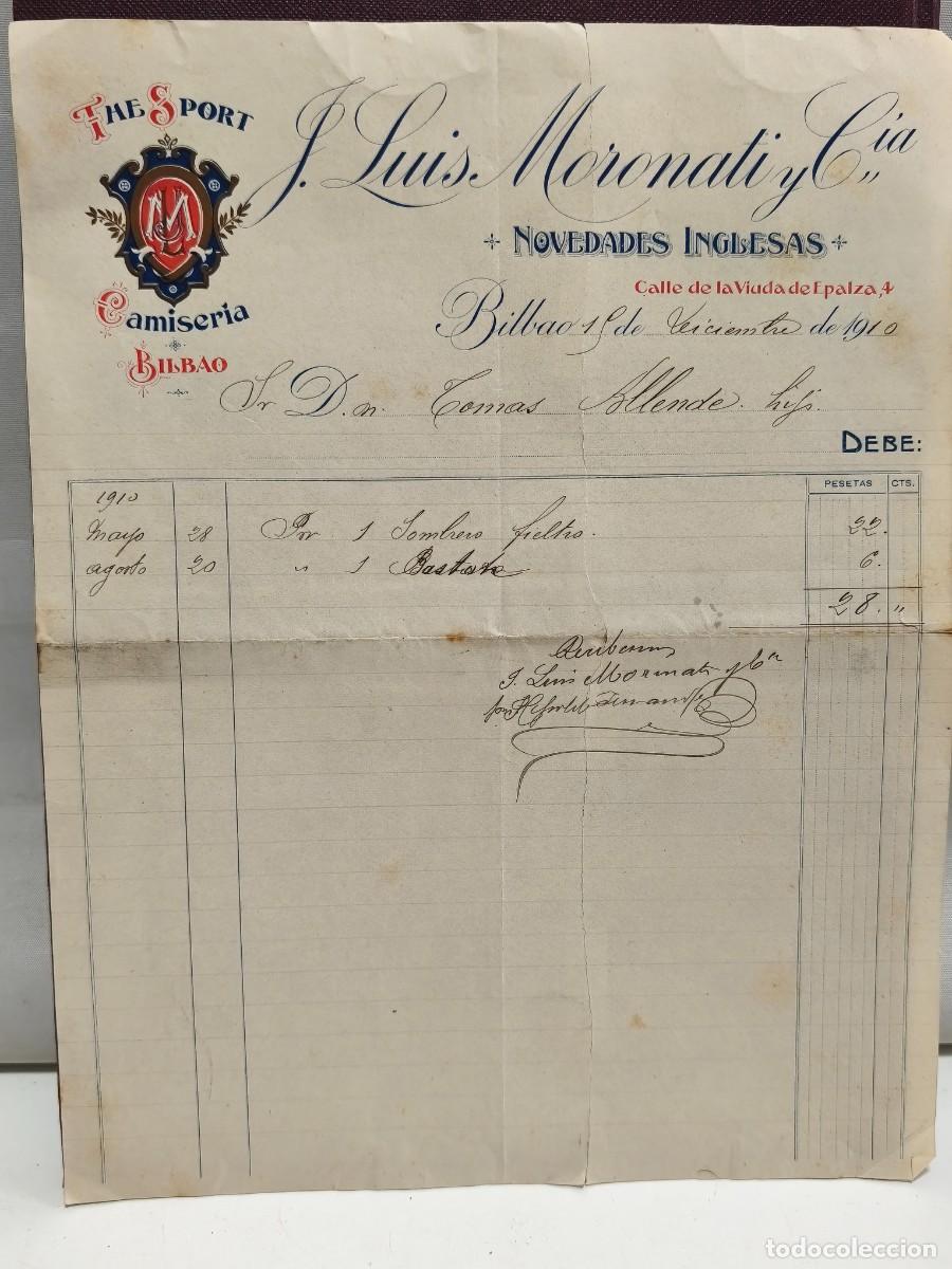 Facturas antiguas: THE SPORT CAMISERIA BILBAO. J. LUIS MORONATI Y COMPA&Ntilde;IA. NOVEDADES INGLESAS. A&Ntilde;O 1910