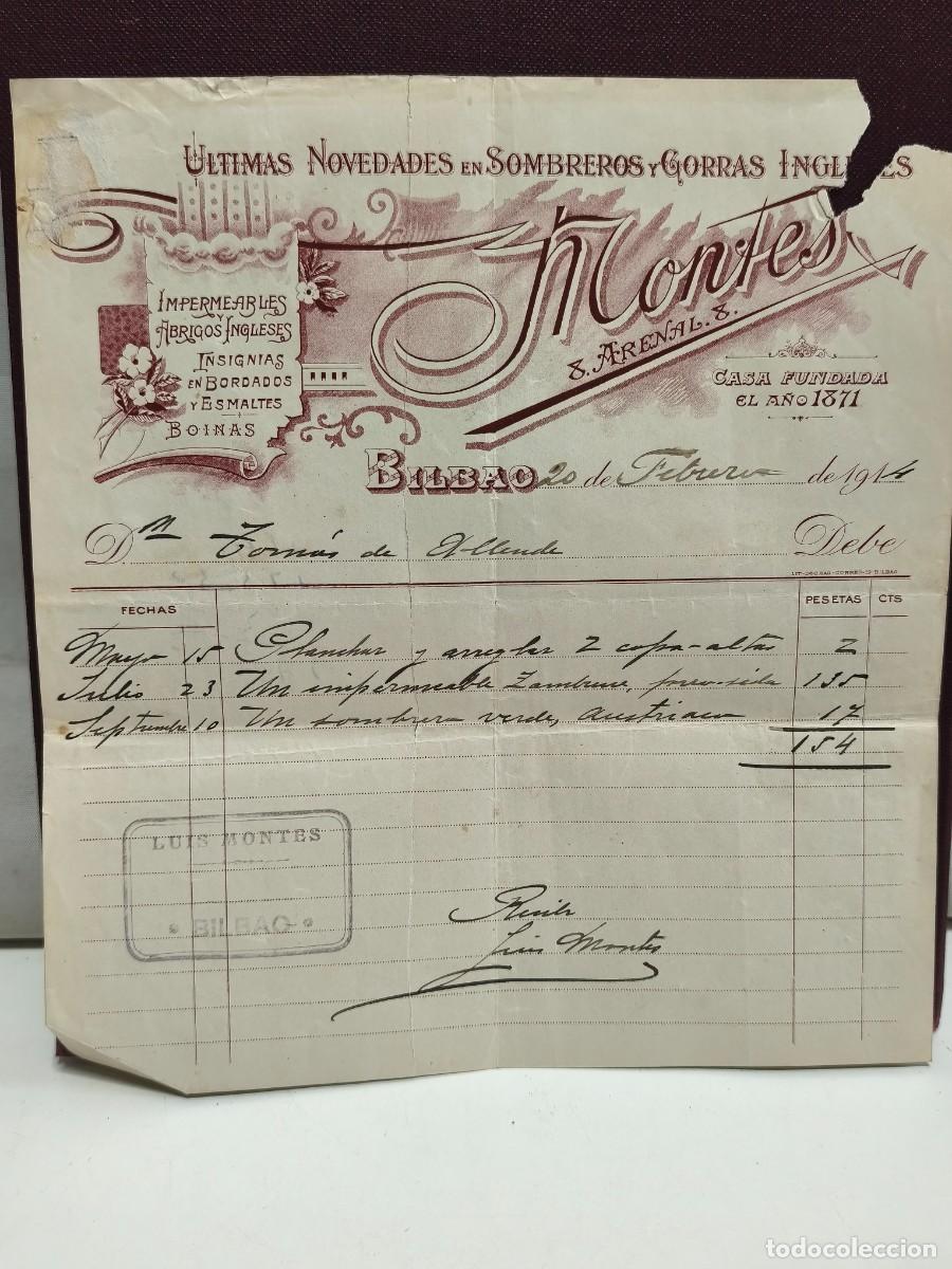 Facturas antiguas: ULTIMAS NOVEDADES EN SOMBREROS Y GORRAS INGLESAS. LUIS MONTES. BILBAO 1914.