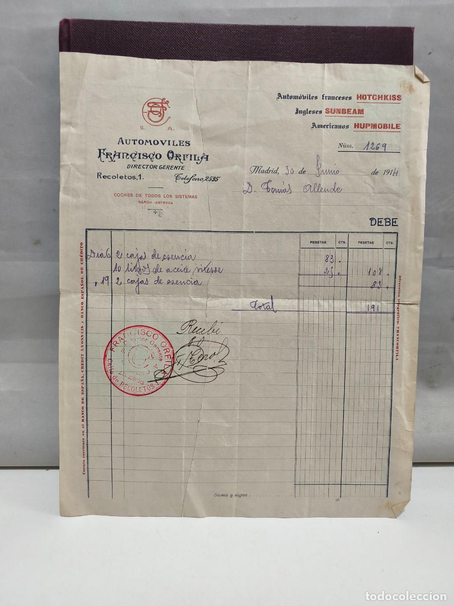 Facturas antiguas: AUTOMOVILES FRANCISCO ORFILA. FRANCESES HOTCHKISS, INGLESES SUNBEAM, AMERICANOS HUPMOBILE. MADRID