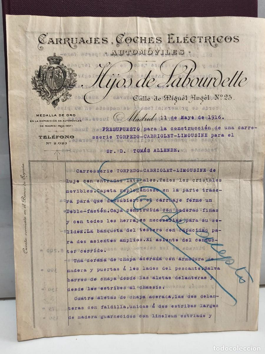 Facturas antiguas: HIJOS DE LABOURDETTE. CARRUAJES, COCHES EL&Eacute;CTRICOS. AUTOMOVILES. MADRID 1916. PRESUPUESTO TORPEDO