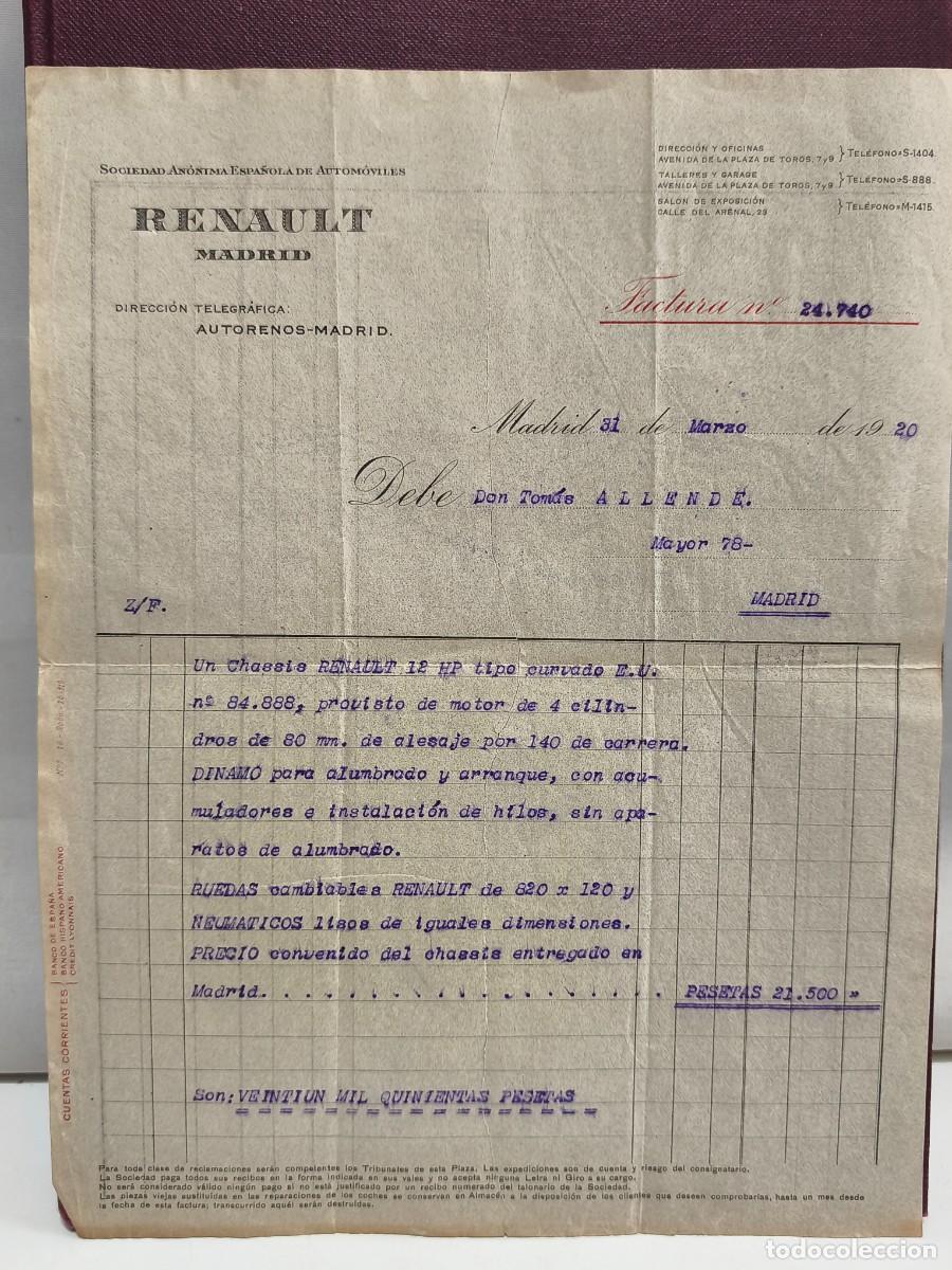 Facturas antiguas: SOCIEDAD ANONIMA ESPA&Ntilde;OLA DE AUTOMOVILES. RENAULT. MADRID 1920. CHASSIS RUEDAS