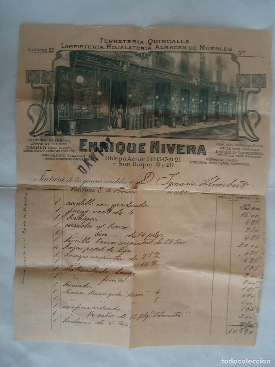 Facturas antiguas: FACTURA DE ENRIQUE NIVERA , FERRETERIA QUINCALLA. TORTOSA A&Ntilde;O 1924. PP -13