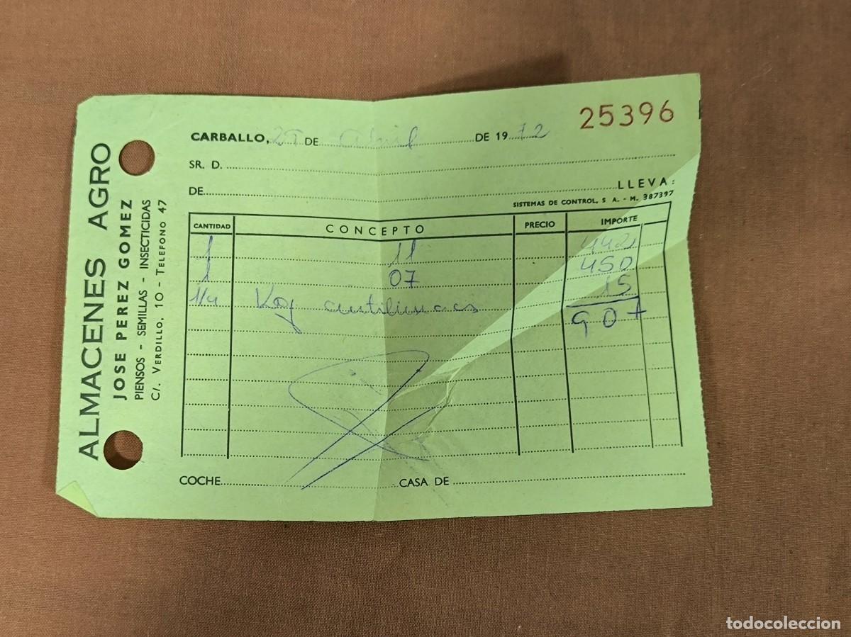 Facturas antiguas: Recibo Antiguo Almacenes Agro Carballo 1972 &ndash; Documento Vintage Rural