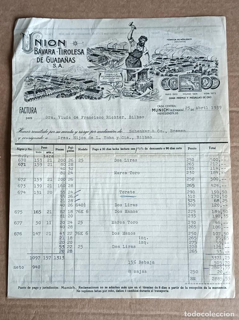 Facturas antiguas: Factura UNI&Oacute;N BAVARA TIROLESA DE GUADA&Ntilde;AS 1939