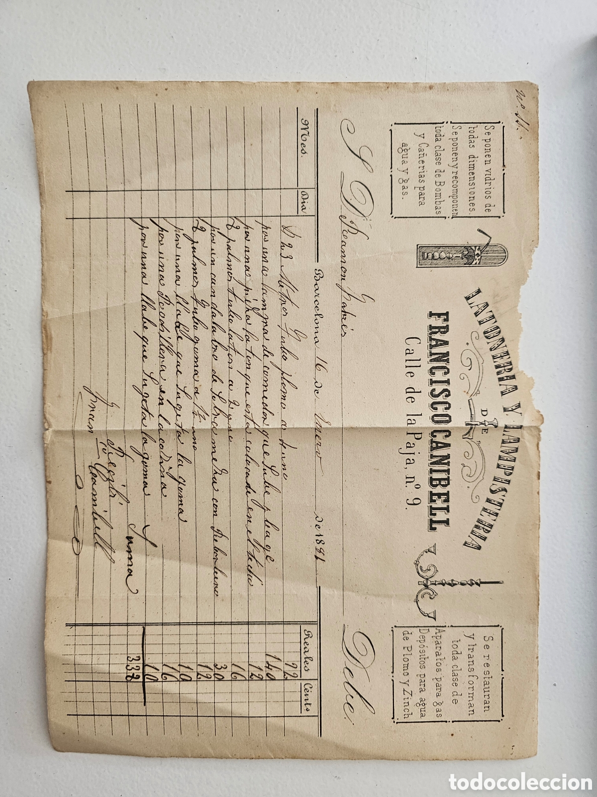 Facturas antiguas: Factura Manuscrita 1881 Barcelona &ndash; Latoner&iacute;a y Lampister&iacute;a Francisco Canibell (Calle Paja)