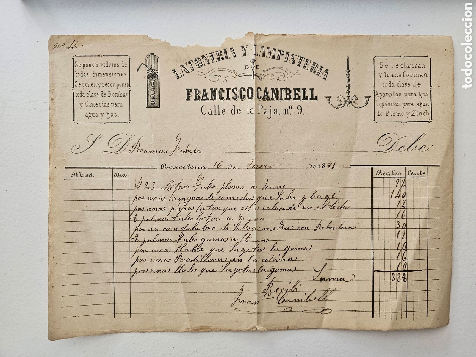 Facturas antiguas: Factura Manuscrita 1881 Barcelona &ndash; Latoner&iacute;a y Lampister&iacute;a Francisco Canibell (Calle Paja)