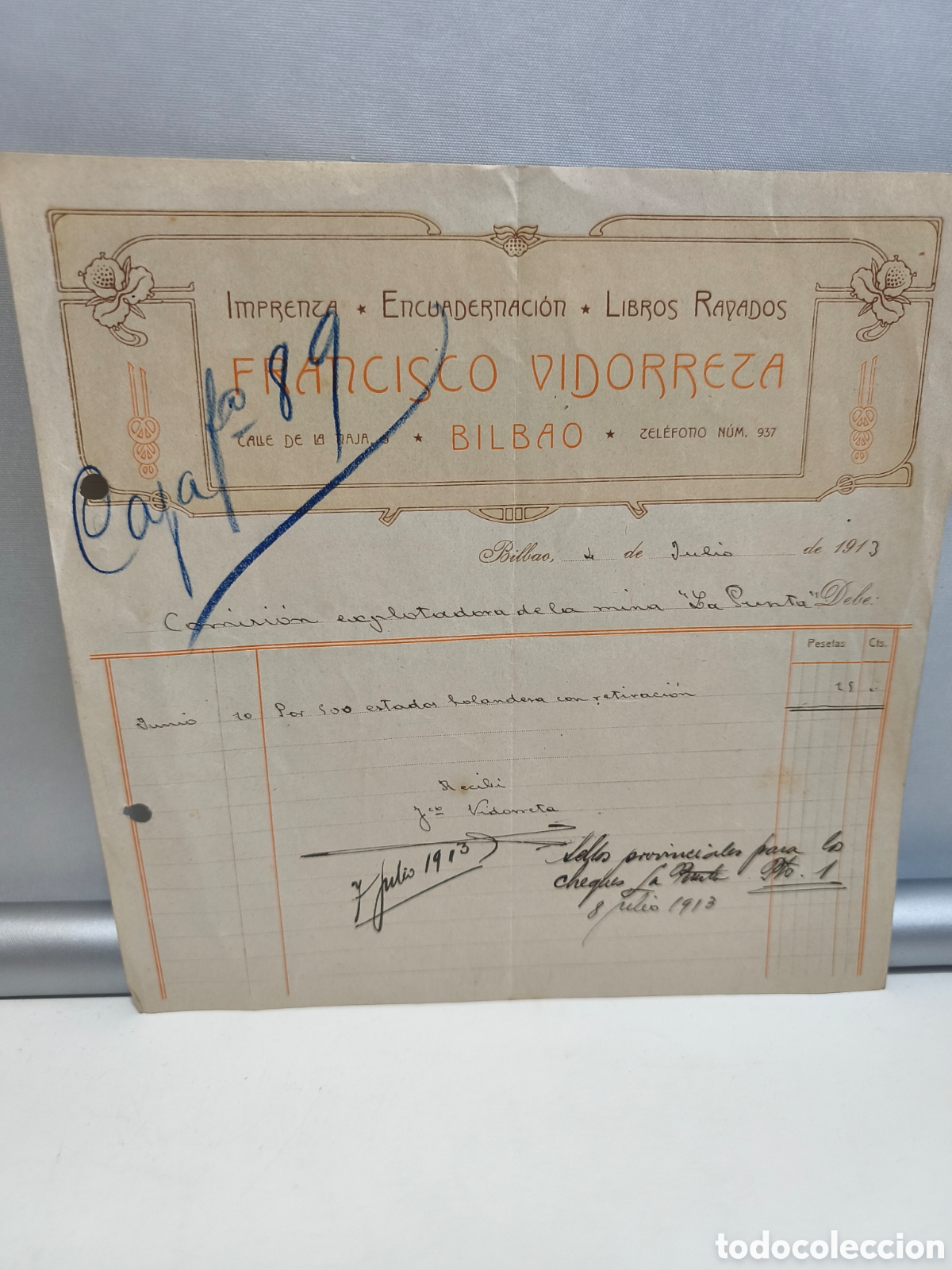 Facturas antiguas: FRANCISCO VIDORRETA. IMPRENTA, ENCUADERNACI&Oacute;N, LIBROS RAYADOS. BILBAO 1913