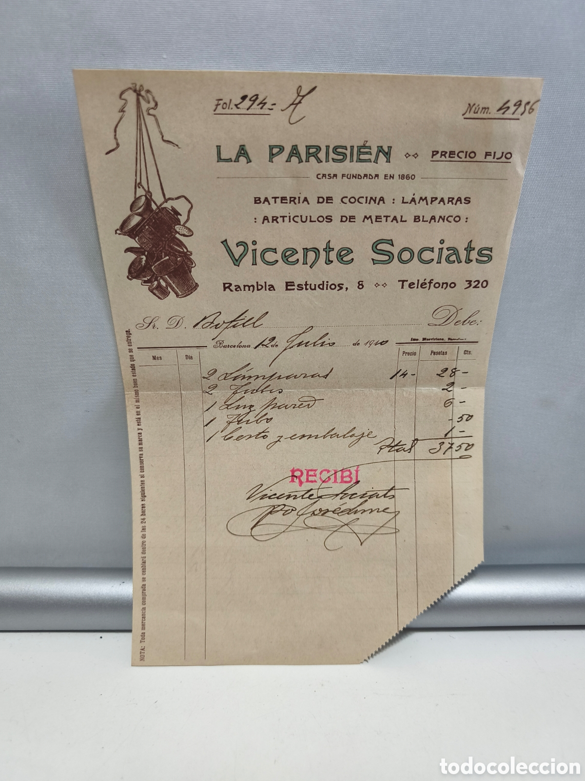 Facturas antiguas: LA PARISIEN. VICENTE SOCIATS. BATERIA DE COCINA. LAMPARAS. ARTICULOS DE METAL BLANCO. BARCELONA 1910