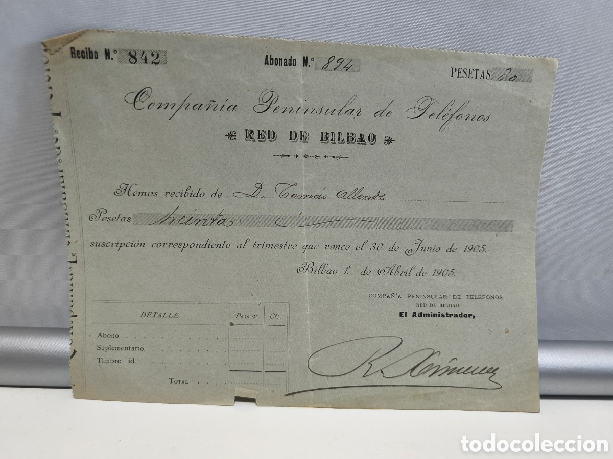 Facturas antiguas: COMPA&Ntilde;&Iacute;A PENINSULAR DE TEL&Eacute;FONOS. RED DE BILBAO. ANTIGUO RECIB&Iacute;. BILBAO 1905.
