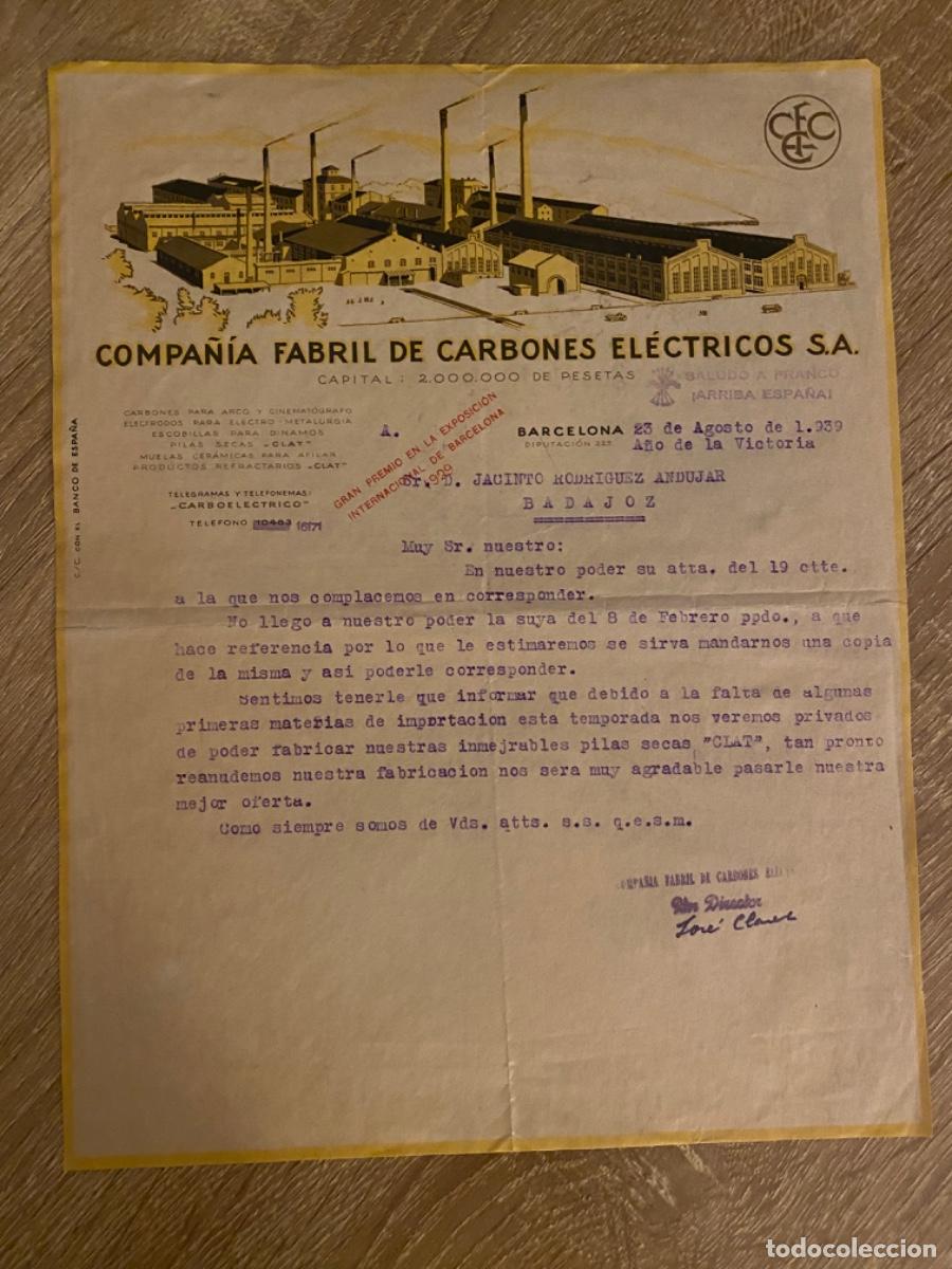 Facturas antiguas: ANTIGUA FACTURA COMPA&Ntilde;&Iacute;A FABRIL CARBONES EL&Eacute;CTRICOS BARCELONA SELLO ARRIBA ESPA&Ntilde;A 1939