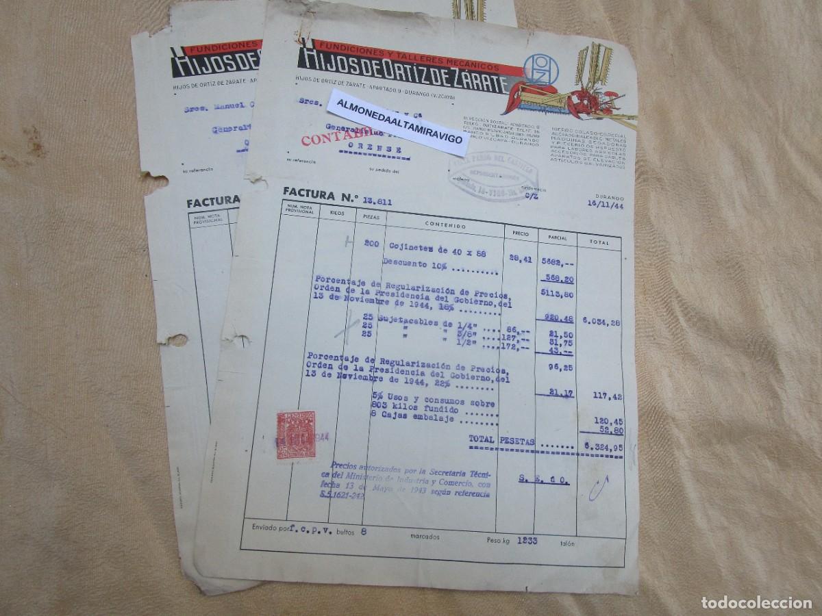 Facturas antiguas: Dos facturas 1944 de: Talleres Ort&iacute;z de Z&aacute;rate / fundiciones y talleres mec&aacute;nicos Durango a Orense.