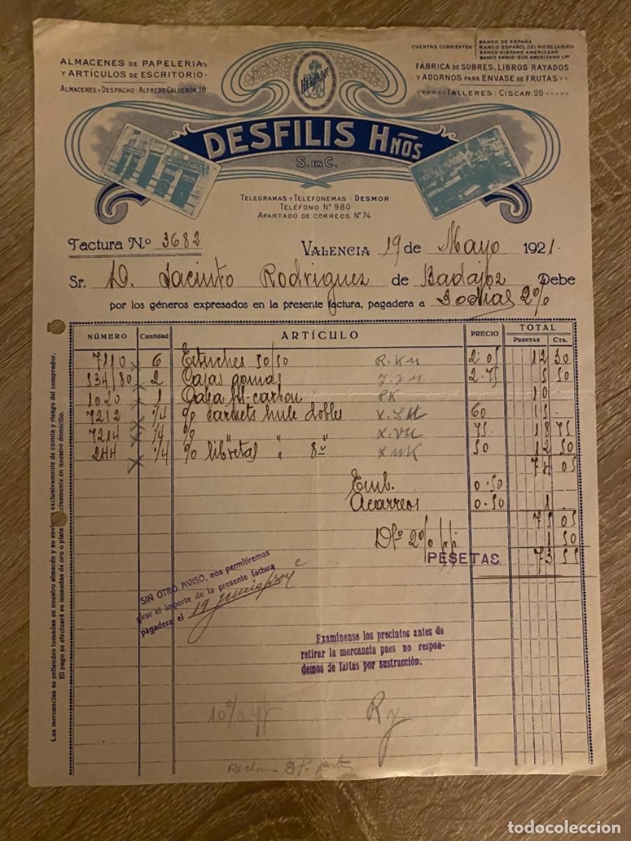 Facturas antiguas: ANTIGUA FACTURA DESFILIS HNOS ALMACENES PAPELER&Iacute;A VALENCIA 1921