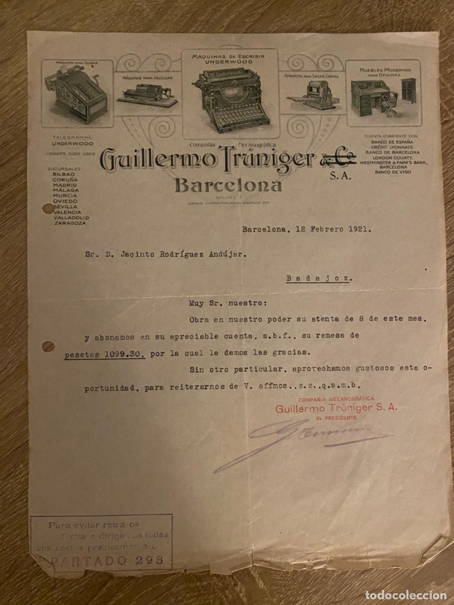 Facturas antiguas: ANTIGUA FACTURA GUILLERMO TRUNINGER BARCELONA M&Aacute;QUINAS DE ESCRIBIR