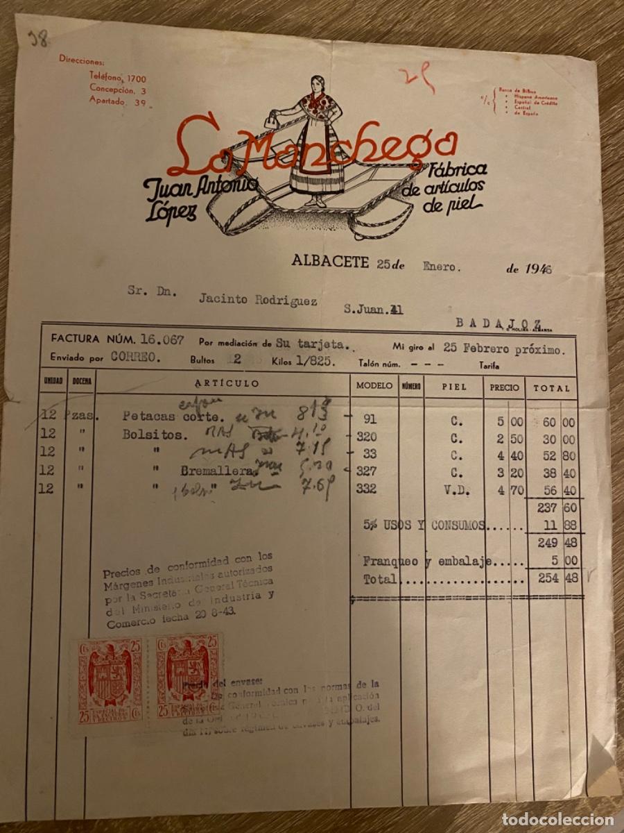 Facturas antiguas: ANTIGUA FACTURA LA MANCHEGA FABRICA ART&Iacute;CULOS PIEL ALBACETE 1946