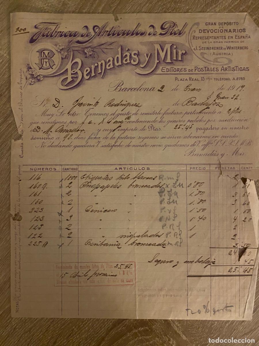 Facturas antiguas: ANTIGUA FACTURA BERNADAS Y MIR FABRICA ART&Iacute;CULOS PIEL BARCELONA 1921
