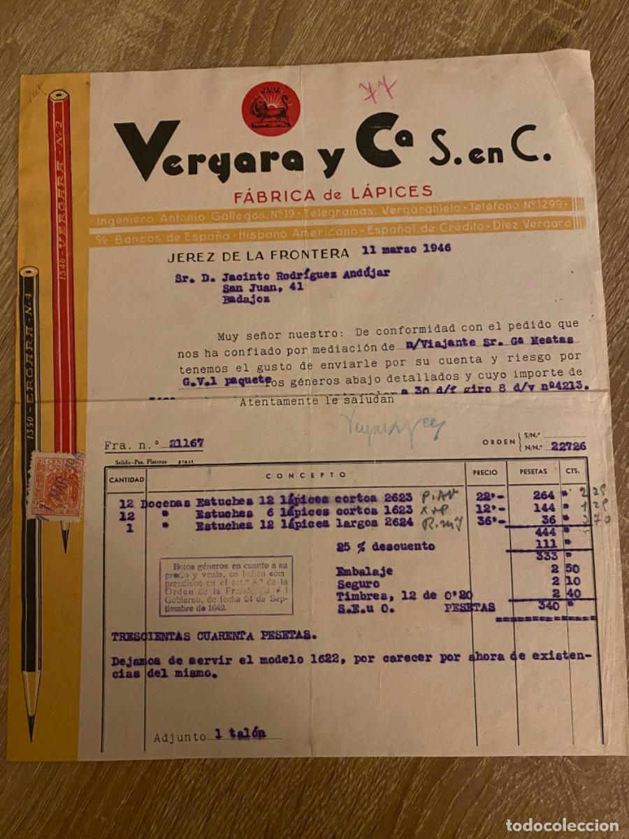 Facturas antiguas: ANTIGUA FACTURA VERGARA FABRICA DE L&Aacute;PICES JEREZ FRONTERA 1946