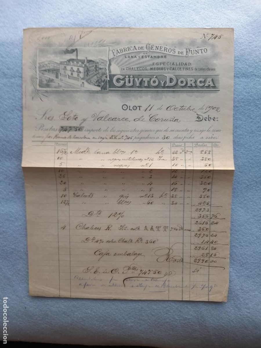 Facturas antiguas: G&uuml;yto y Dorca. F&aacute;brica de G&eacute;neros de Punto de Lana y Estambre. Olot. 11 de Octubre de 1902.