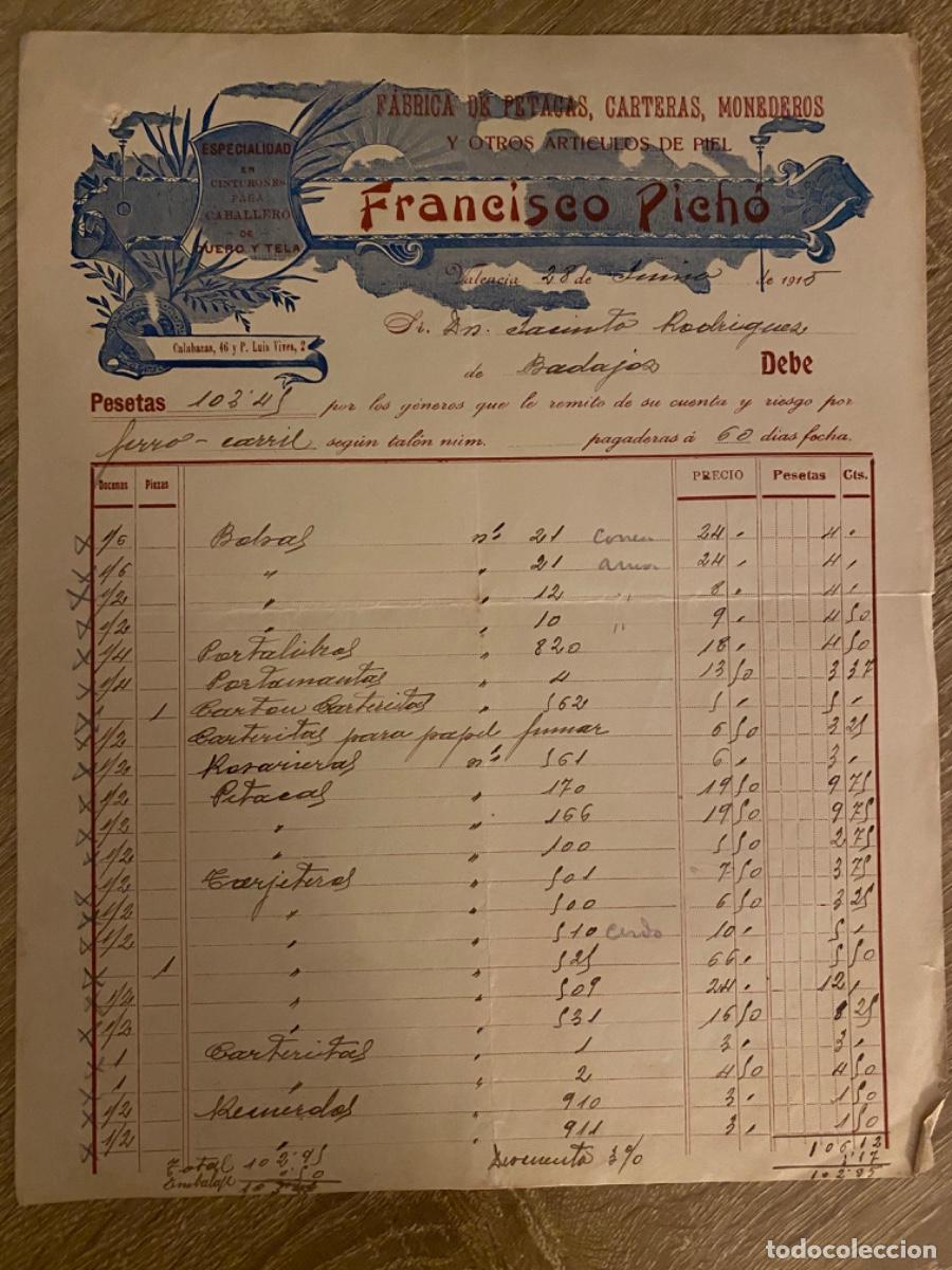 Facturas antiguas: ANTIGUA FACTURA FRANCISCO PICHO FABRICA PETACAS VALENCIA 1915
