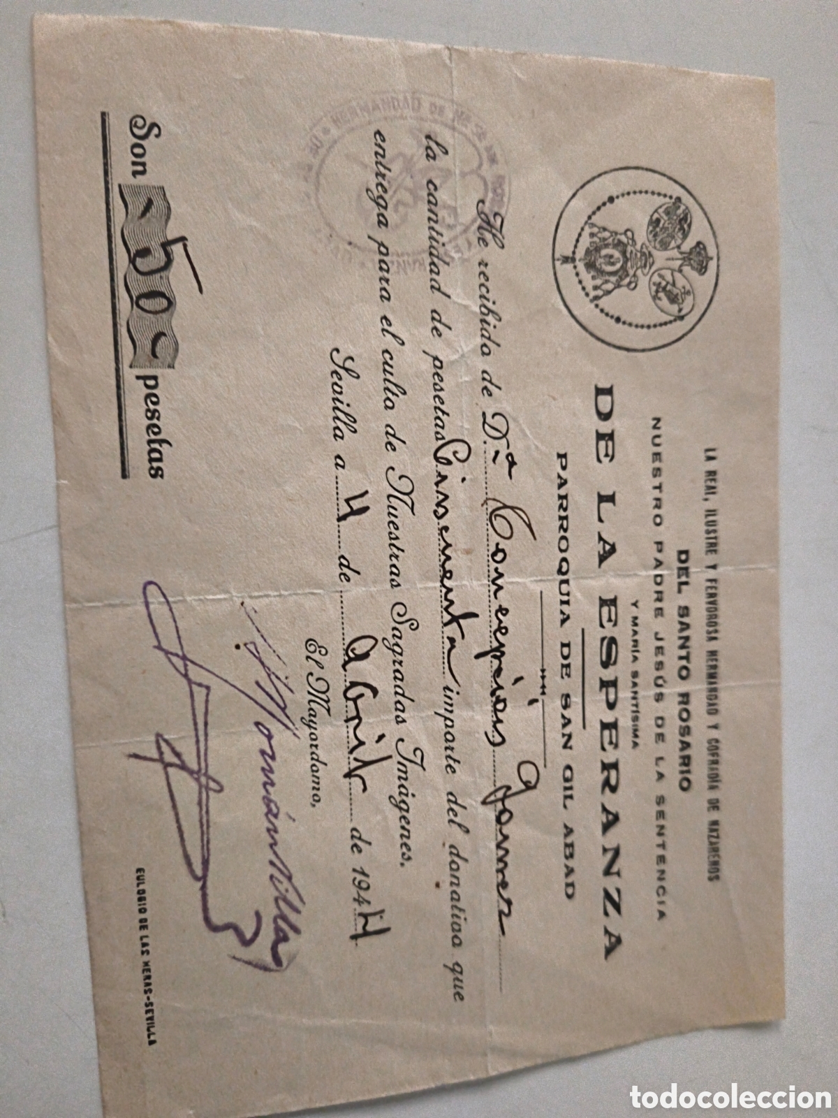Facturas antiguas: Recibo Parroquia San Gil Abad. 1944