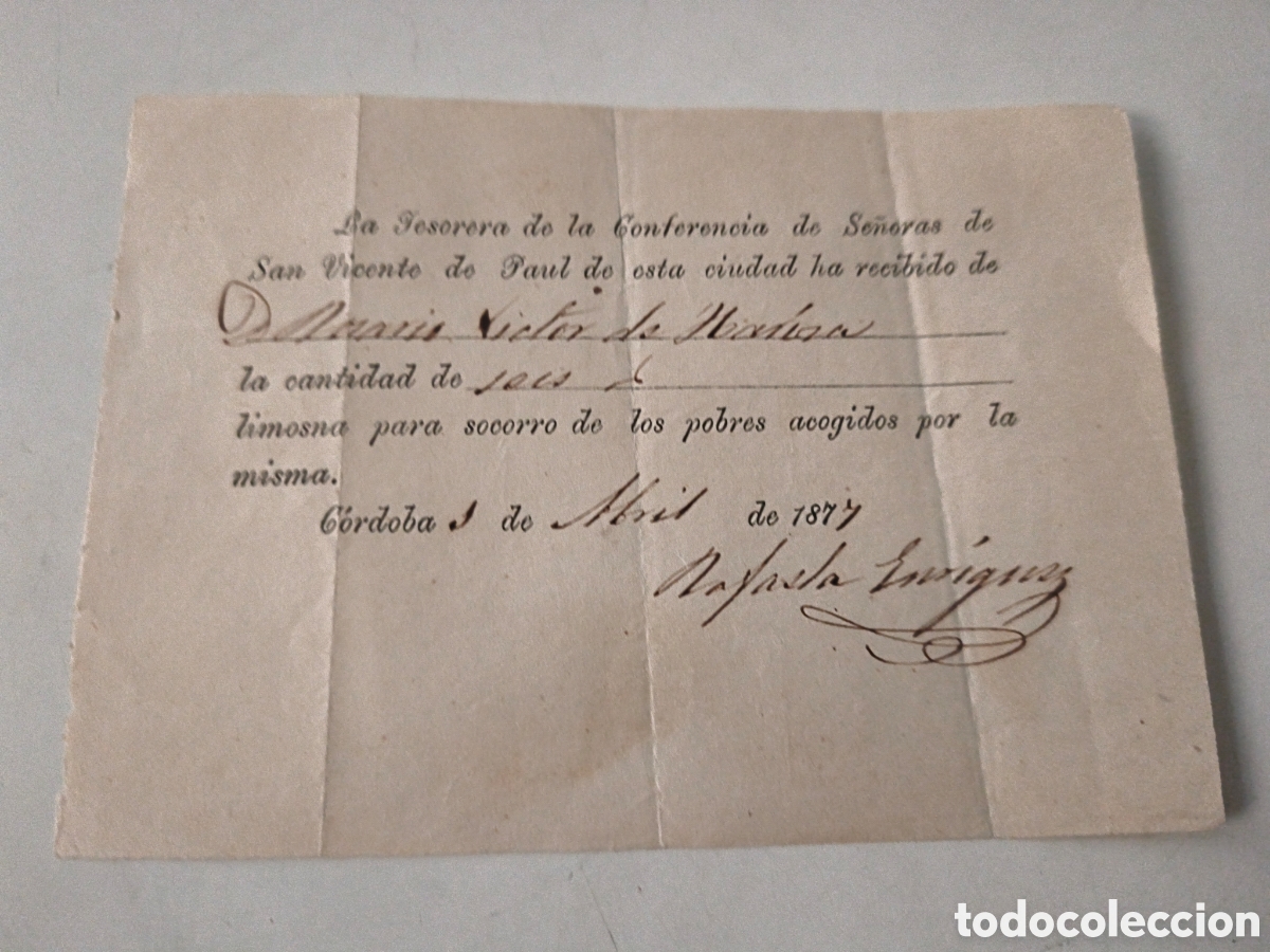Facturas antiguas: Recibo Limosna pobre 1877.