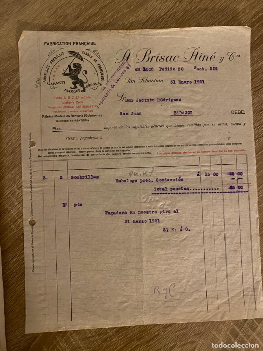 Facturas antiguas: ANTIGUA FACTURA BRISAL AINE GUIP&Uacute;ZCOA SAN SEBASTI&Aacute;N FABRICA SOMBRILLAS 1921