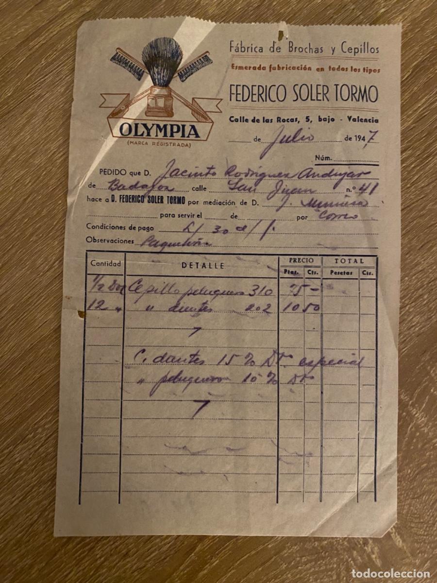 Facturas antiguas: ANTIGUA FACTURA FEDERICO SOLER OLYMPIA FABRICA BROCHAS CEPILLOS VALENCIA 1947 VALENCIA