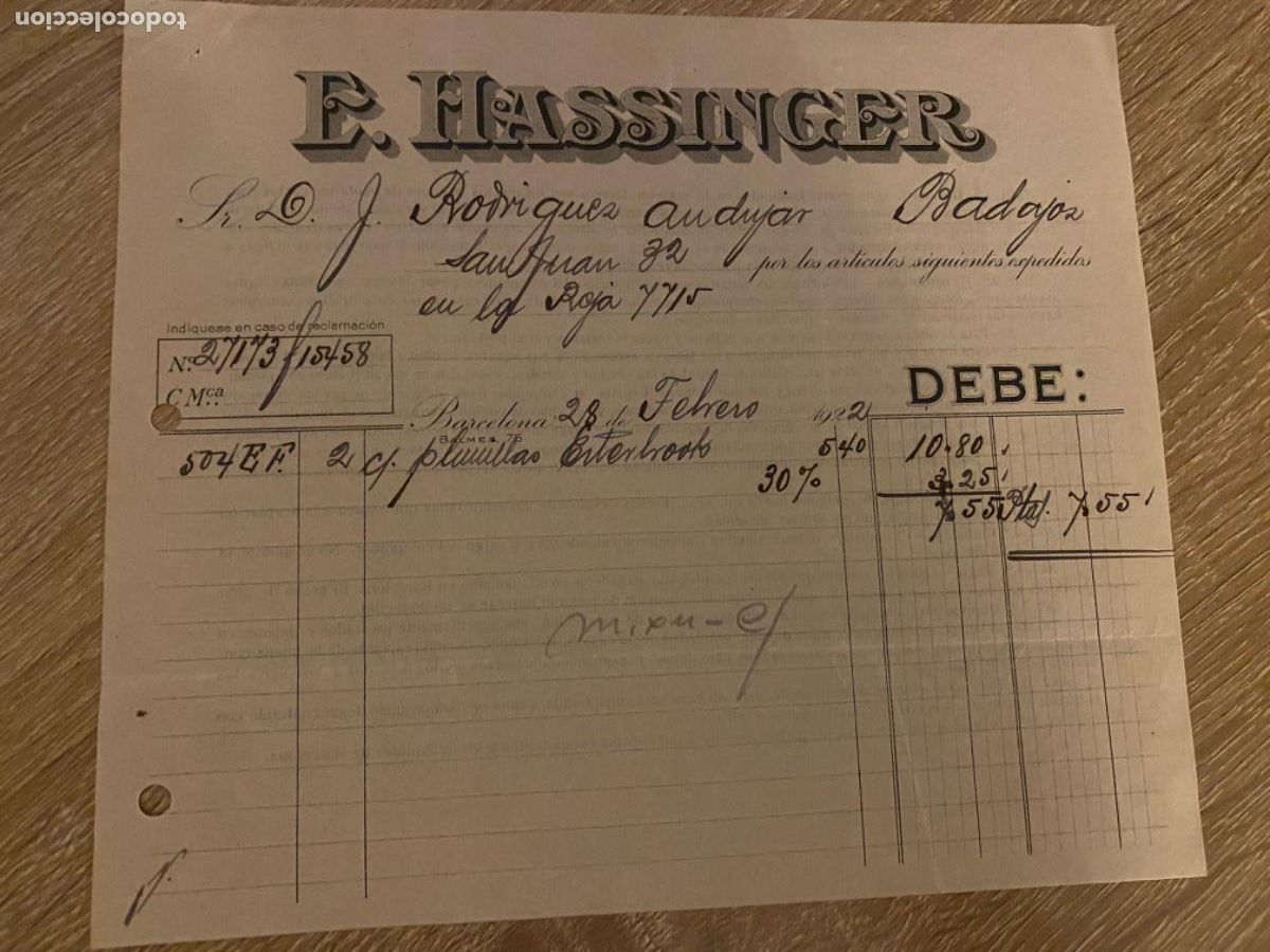 Facturas antiguas: ANTIGUA FACTURA E. HASSINGER CUCHILLAS AFEITAR BARCELONA 1922