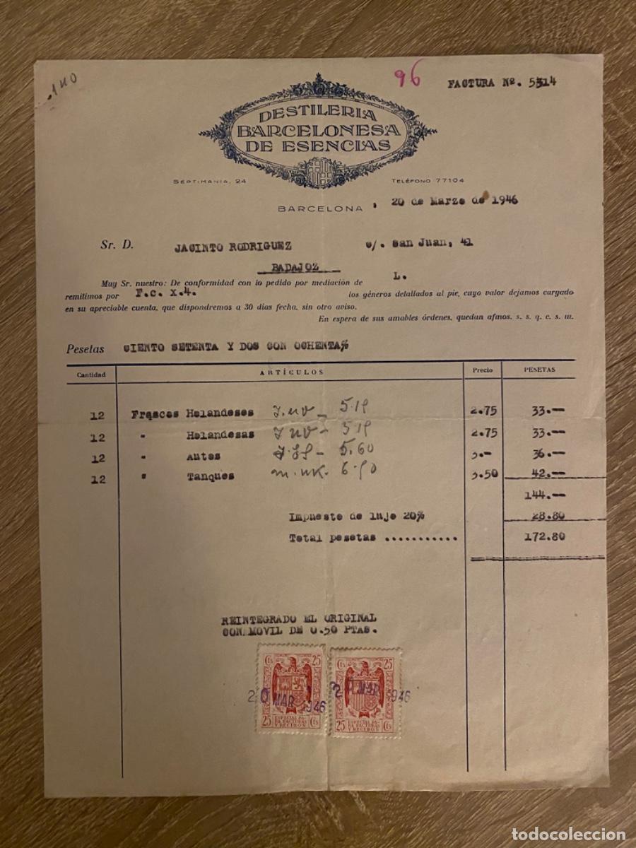 Facturas antiguas: ANTIGUA FACTURA DESTILER&Iacute;A BARCELONESA DE ESENCIAS BARCELONA 1946