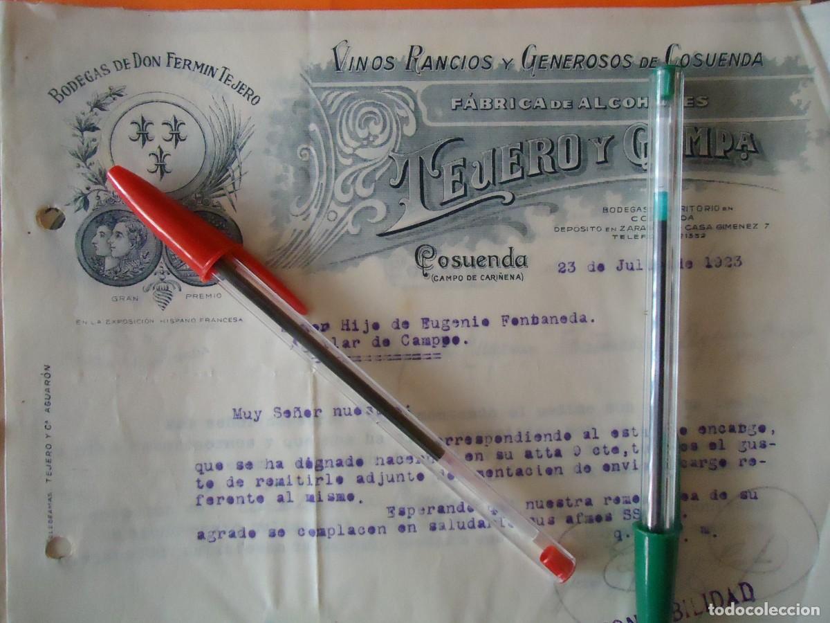 Facturas antiguas: bodega tejero vino rancio cari&ntilde;ena cosuenda daroca zaRAGOZA ARAGON 1923 alconol aragones