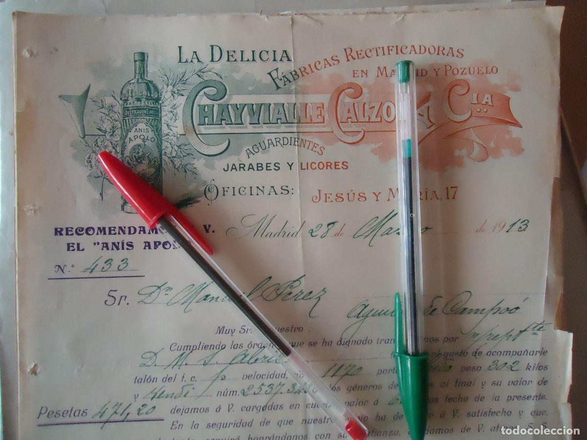 Facturas antiguas: chayvialle calzon anis apolo jarabe licor pozuelo madrid 1913 alcohol madrile&ntilde;o aguardiente
