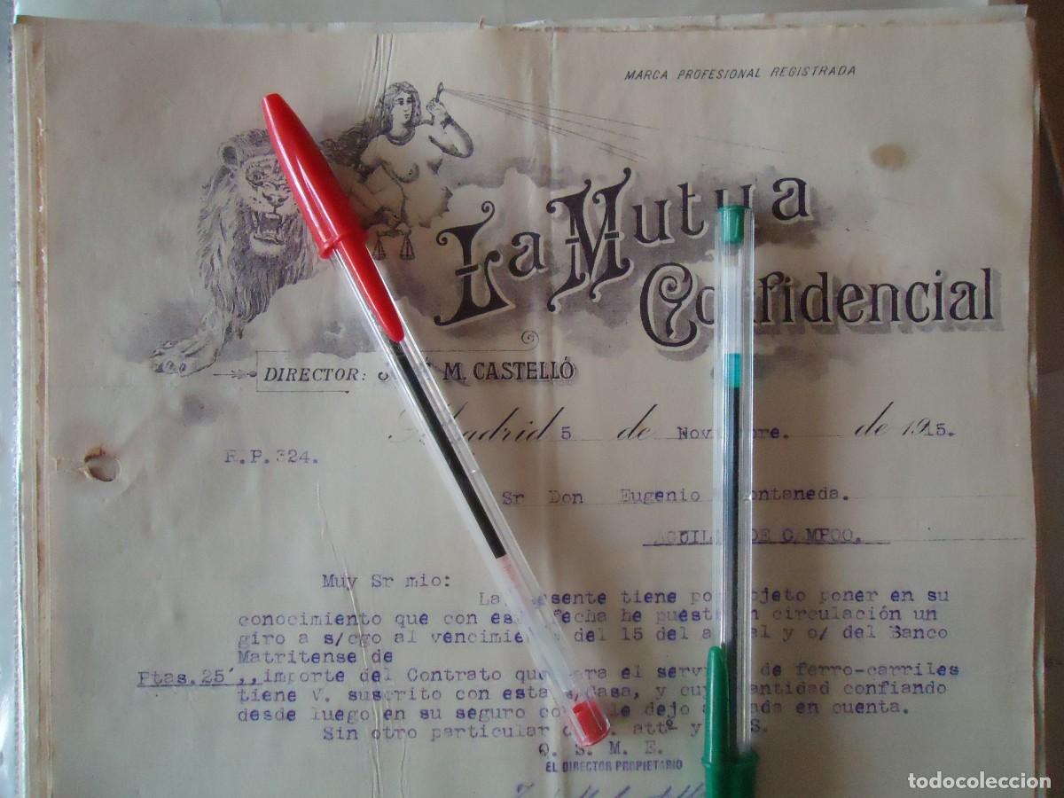 Facturas antiguas: mutua confidencial castello madrid 1915 seguros madrile&ntilde;o leon justicia diosa griega temis