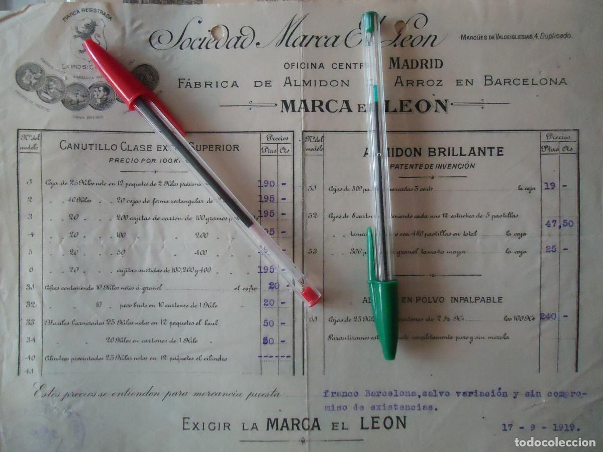 Facturas antiguas: almidon de arroz el leon madrid barcelona 1919 madrile&ntilde;o cereal catalan paella