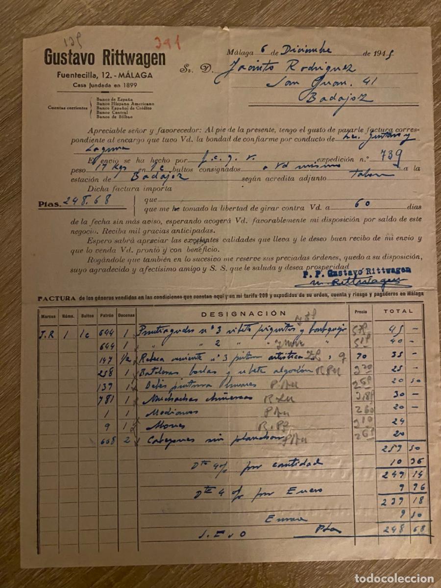 Facturas antiguas: ANTIGUA FACTURA GUSTAVO RITTWAGEN MALAGA 1945