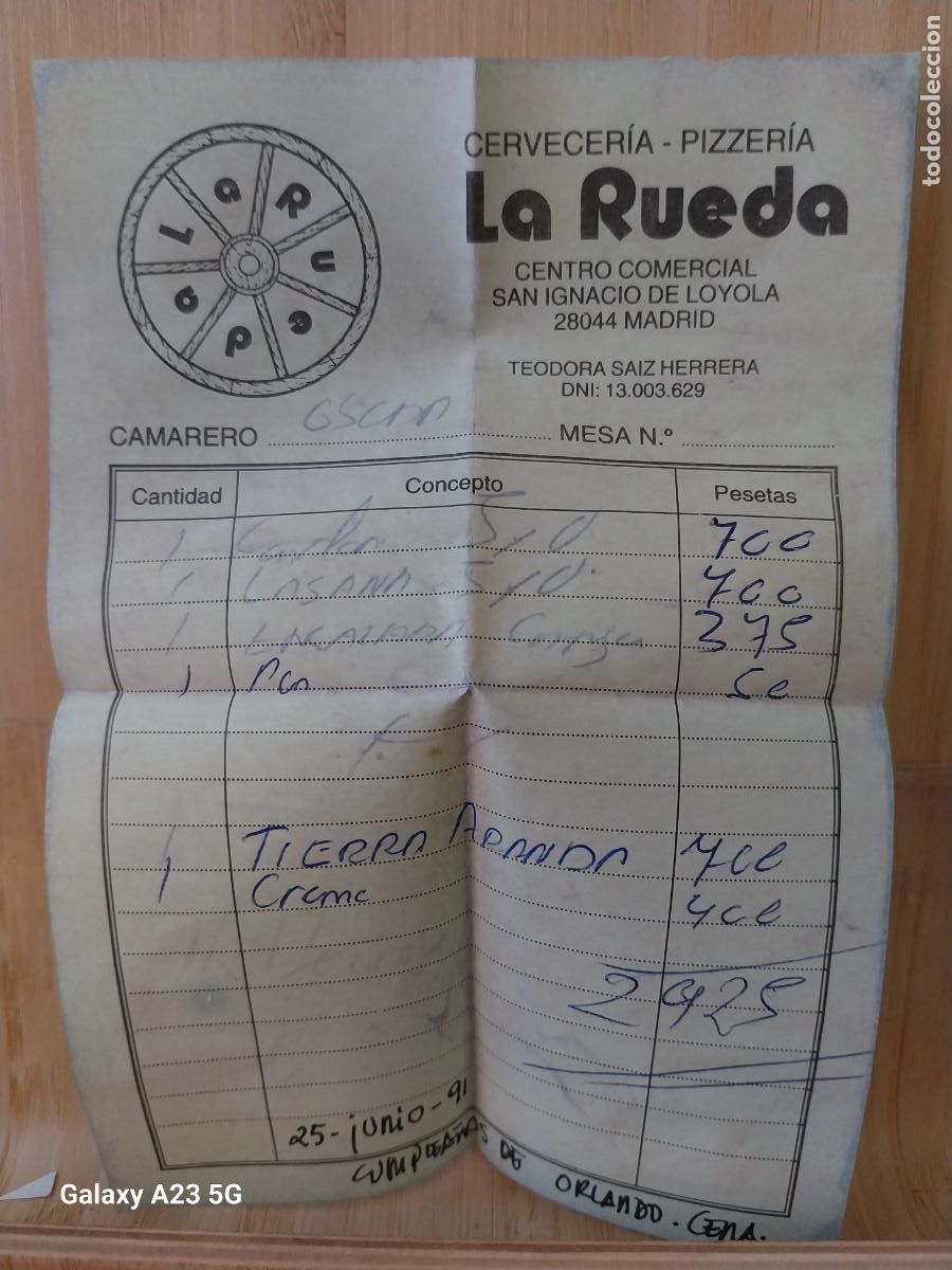 Facturas antiguas: PIZZERIA RUEDA FACTURA 25 JUNIO 1991 CENTRO COMERCIAL SAN IGNACIO LOYOLA MADRID ORIGINAL 15X10 CM