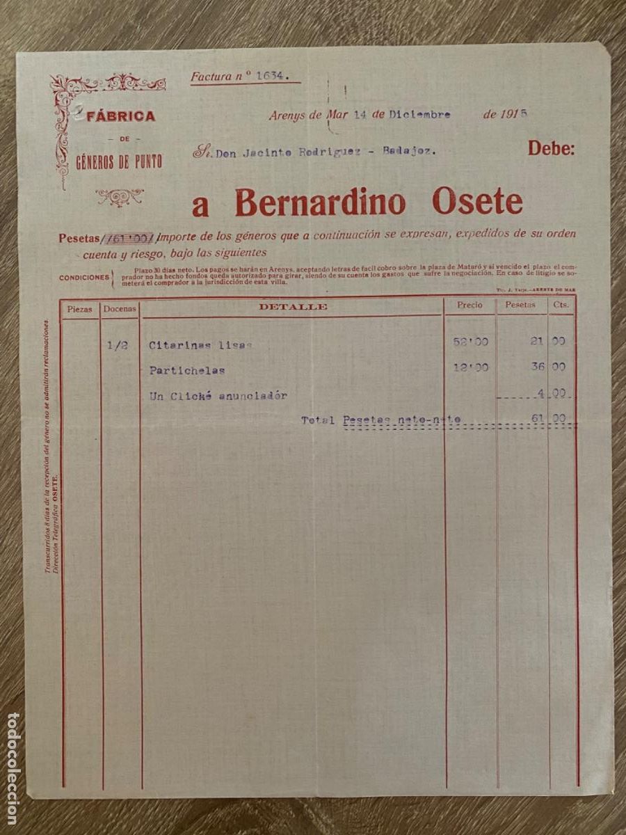 Facturas antiguas: ANTIGUA FACTURA BERNARDINO OSETE FABRICA G&Eacute;NERO PUNTO