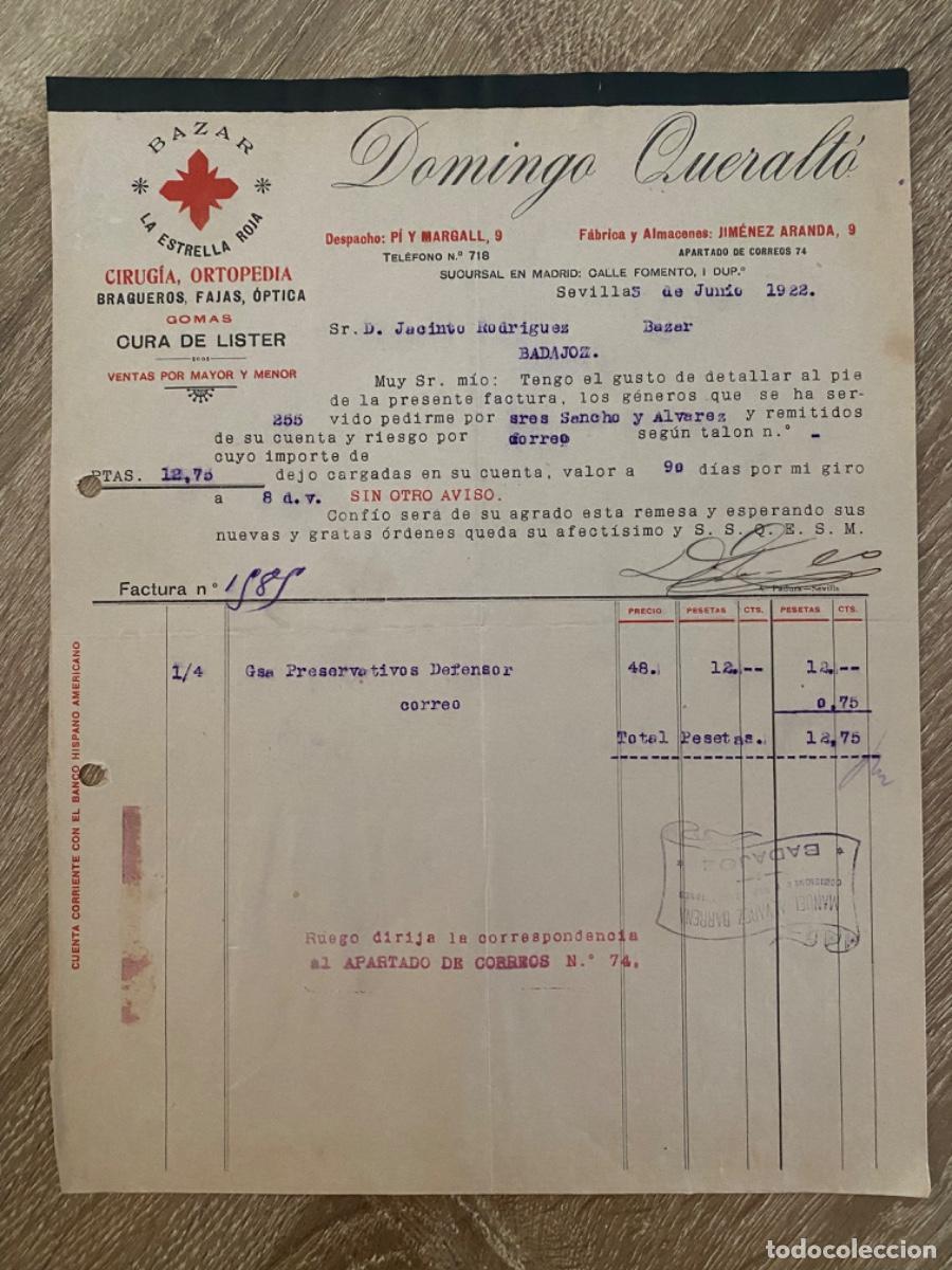 Facturas antiguas: ANTIGUA FACTURA DOMINGO QUERALTO BAZAR ESTRELLA ROJA SEVILLA 1922