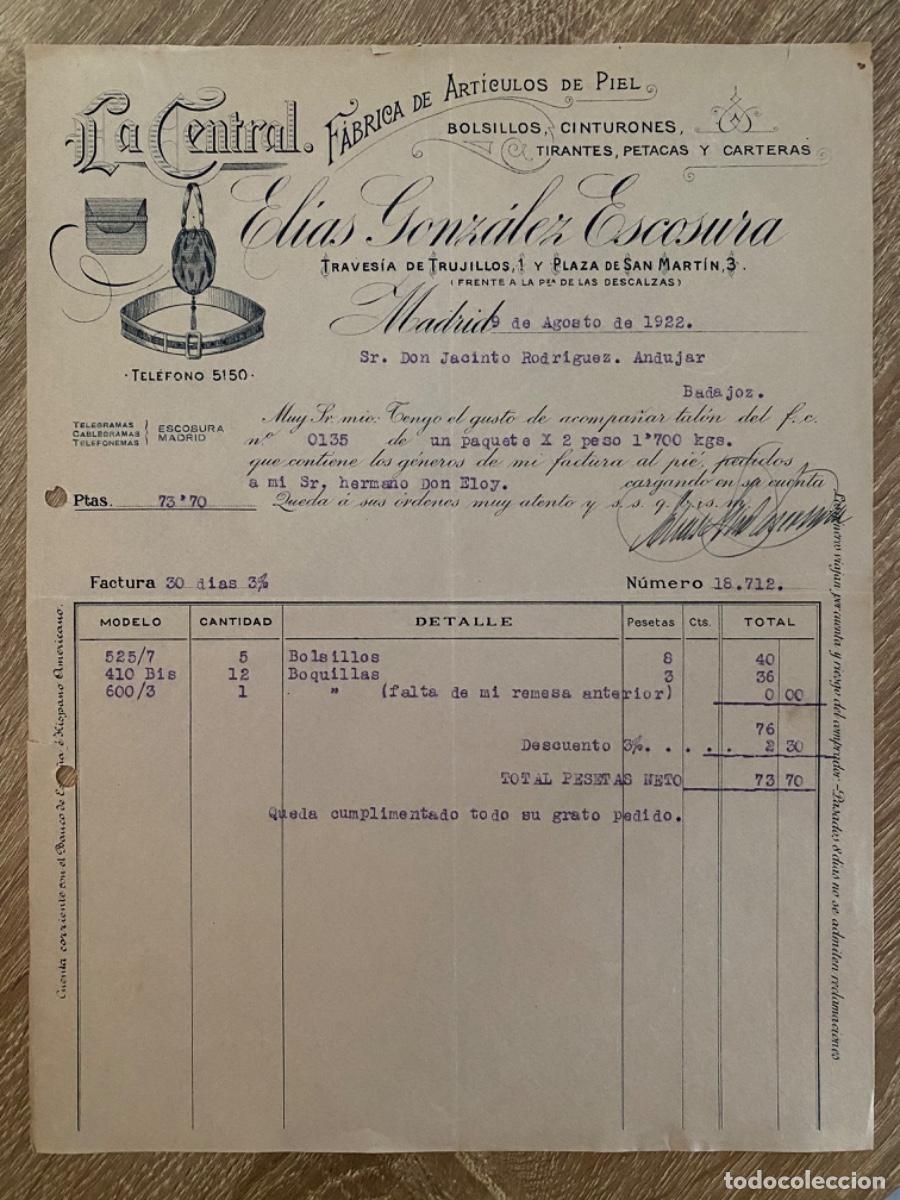 Facturas antiguas: ANTIGUA FACTURA ELIAS GONZ&Aacute;LEZ ESCOSURA LA CENTRAL F&Aacute;BRICA ART&Iacute;CULOS PIEL