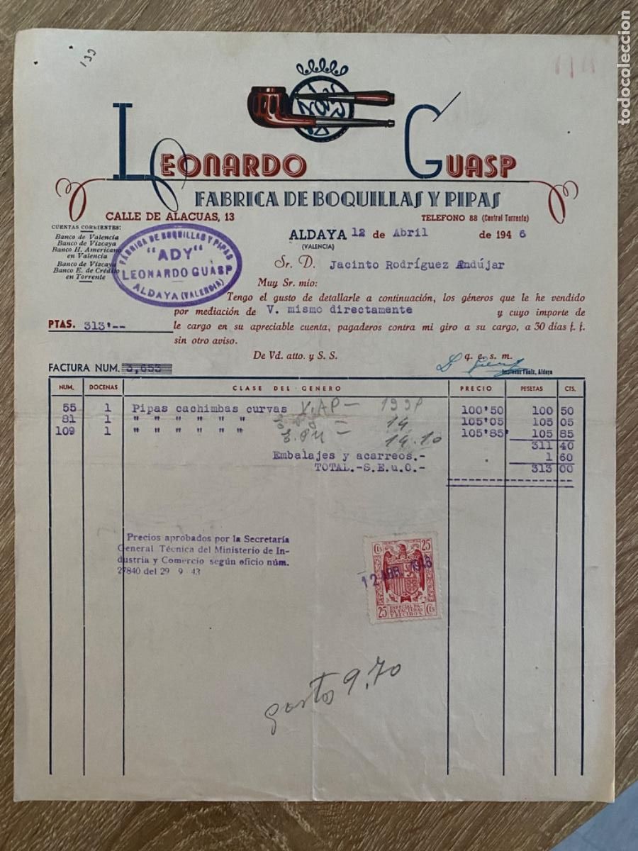Facturas antiguas: ANTIGUA FACTURA LEONARDO GUASP FABRICA BOQUILLAS PIPAS