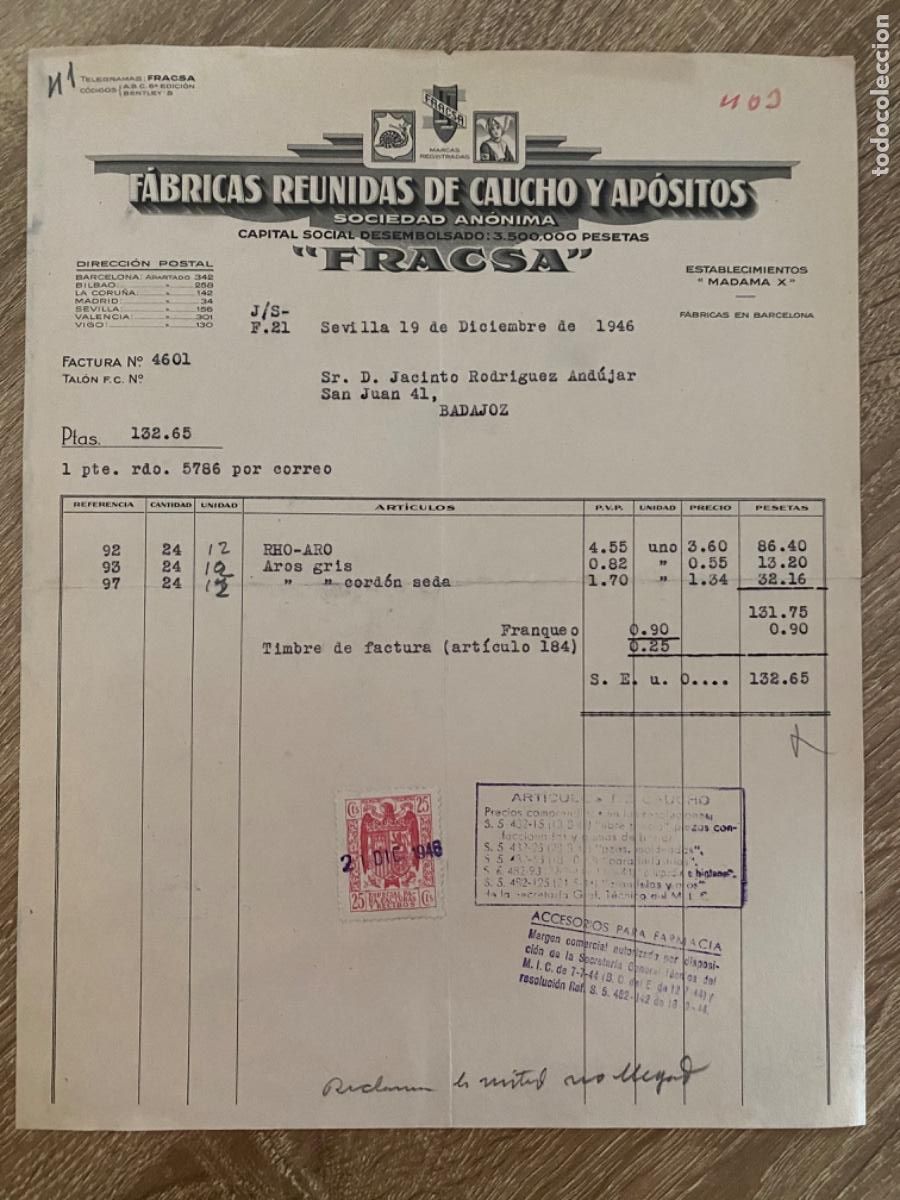 Facturas antiguas: ANTIGUA FACTURA FRACSA F&Aacute;BRICAS REUNIDAS CAUCHO AP&Oacute;SITOS SEVILLA 1946